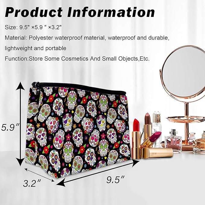Makeup Bag Day of the Dead Sugar Skull Cosmetic Bag for Women, Waterproof Large Capacity Travel Organizer 9.5×5.9 Inch