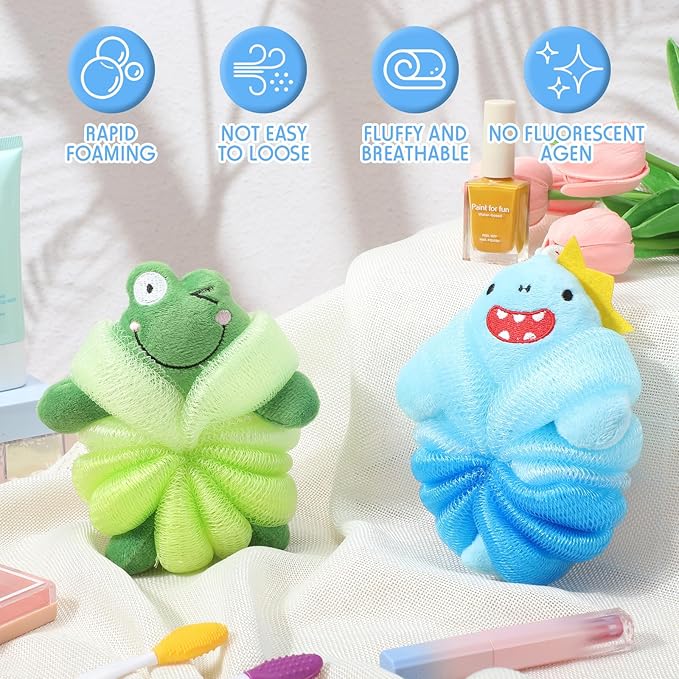 Nuenen 2 Pcs Bath Loofahs Kids Toddler Cute Cartoon Bath Sponges Loofah Pouf Body Scrubber Mesh Sponges for Children Shower Washing Exfoliating(Shark, Frog)