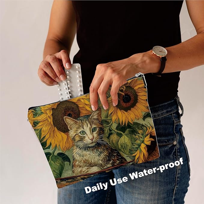 Animals Makeup Bag - Cat In The Garden - Sunflower & Cat Drawing Theme Cosmetic Bag, Toiletry Bag, Gift For Girls, Besties, Personal Care & Accessories - A25