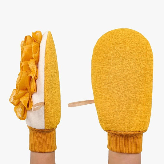Deep Exfoliating Glove for Shower, Double-Sided Exfoliating Mitt,Massage Body Scrub Gloves for Home Spa, Eco Friendly loofah Sponge, Dead Skin Remover & Body Scrubber Exfoliator (Yellow)