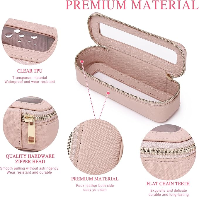 Makeup Brush Case Clear Travel Cosmetic & Toiletry Bag Slim Makeup Bag with Zipper Small Purse Organizer Car Essential Bag for Women (Pink, SLIM-3)