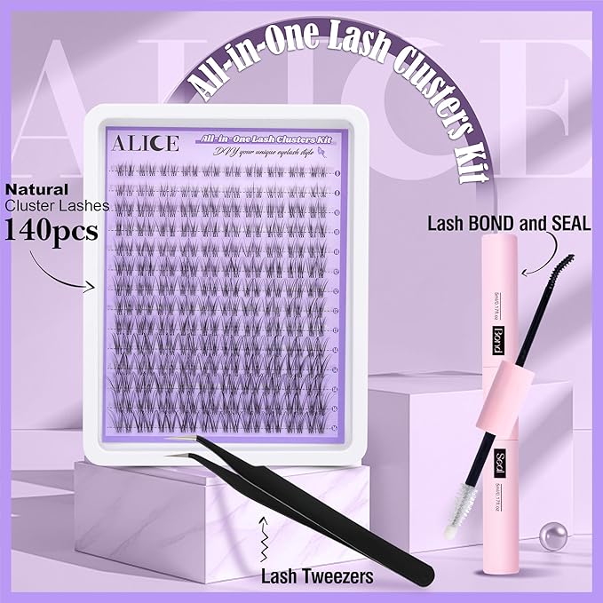ALICE Cluster Eyelash Extension Kit Natural Wispy Lash Clusters Kit Lash Extension Kit Clear Band 168pcs C-Curly 11-13mm Individual Lashes with Lash Glue Bond and Seal Self Application at Home