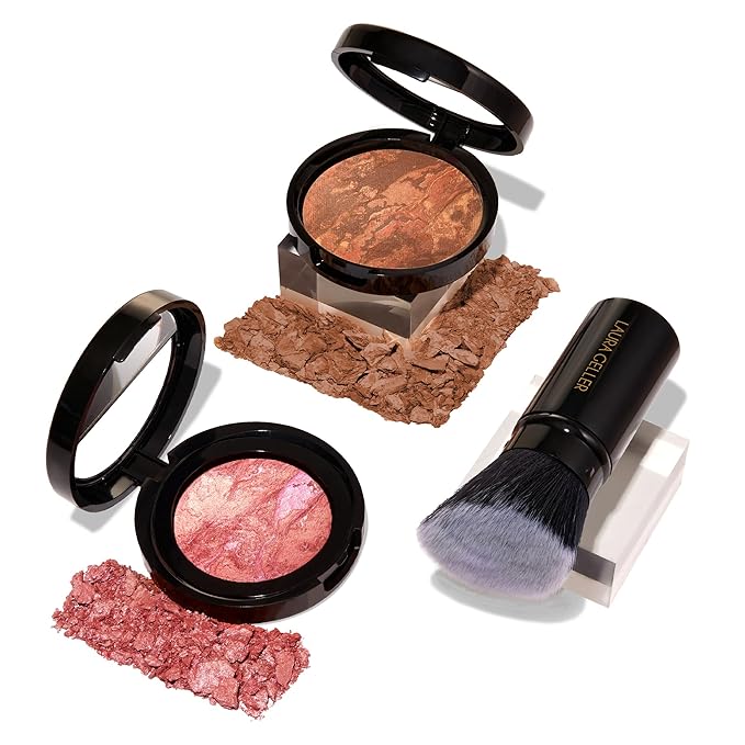 LAURA GELLER NEW YORK 40+ Club Blush-n-Balance 3pc Kit: Baked Balance-N-Brighten Color Correcting Foundation, Deep + Retractable Kabuki Brush + Baked Blush-N-Brighten, Tropic Hues