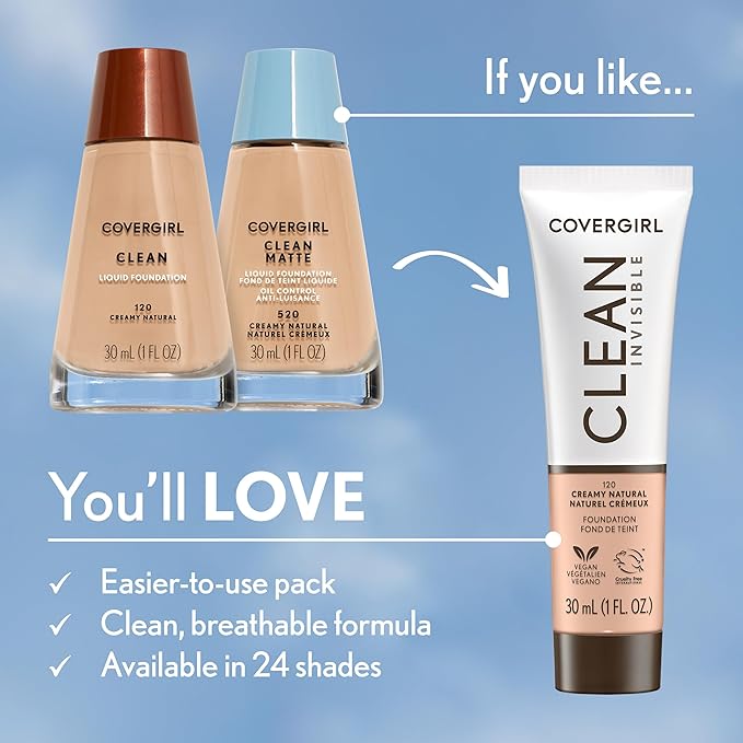 COVERGIRL Clean Invisible Foundation Makeup, Dewy & Glowy Natural Finish, Buildable Coverage, Skin-Like Smooth Look, Vegan, Warm Nude, 1oz
