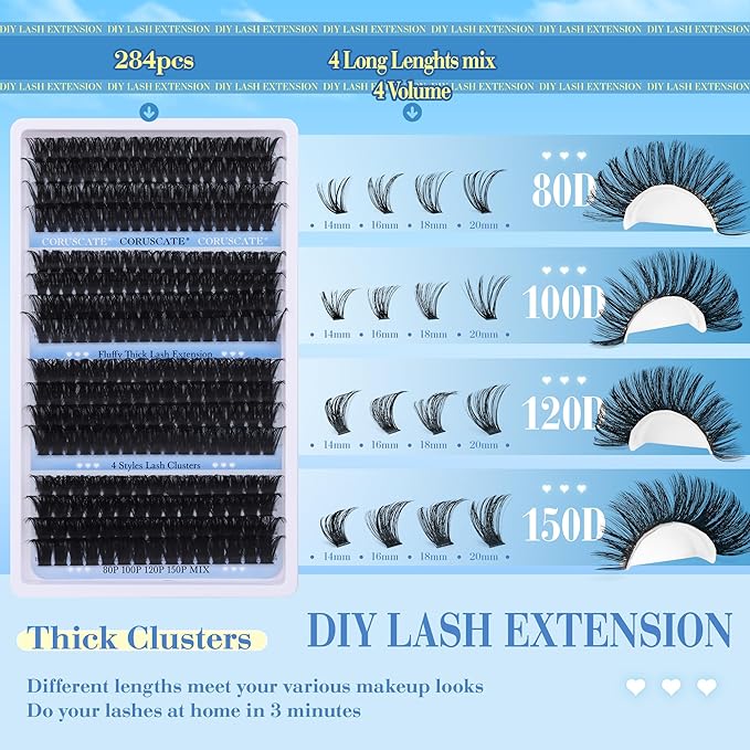 Lash Clusters Long 14-20mm Eyelash Clusters 80D+100D+120D+150D Volume Cluster Eyelash Extensions Thick 284pcs Individual Lashes Strip Mink Eyelashes DIY Wispy Lash Extension by CORUSCATE
