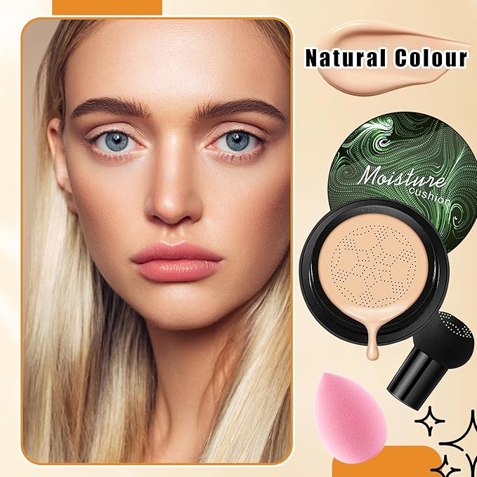 2Pcs Mushroom Head Air Cushion CC Cream Foundation Makeup,Moisturizing BB Cream Face Makeup Liquid Foundation,Long Lasting Full Coverage Concealer for All Skin Types（Natural）A