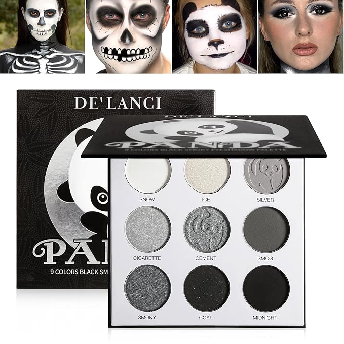 Afflano DL Gray Eyeshadow Palette Grey Black White Silver, Blendable Smokey Eye Eyeshadow for SFX Skull Goth Look Halloween Makeup Palette, Long Lasting Dark Eye Shadow Pallet - Panda