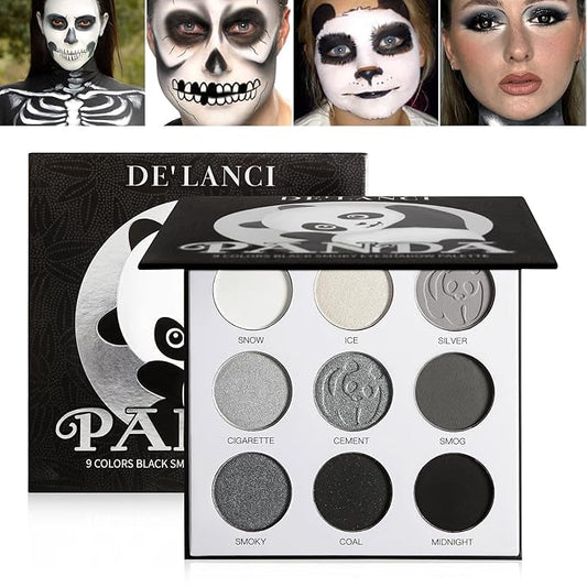 Afflano DL Gray Eyeshadow Palette Grey Black White Silver, Blendable Smokey Eye Eyeshadow for SFX Skull Goth Look Halloween Makeup Palette, Long Lasting Dark Eye Shadow Pallet - Panda