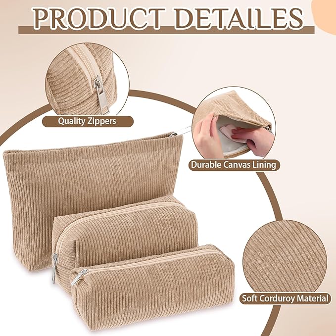 3 Pcs Makeup Bag Set for Women Corduroy Cosmetic Pouch Aesthetic Smile Travel Toiletry Bag Cute Purse Pouch Pencil Case Makeup Brushes Storage Organizer for Christmas(Khaki,Solid Style)