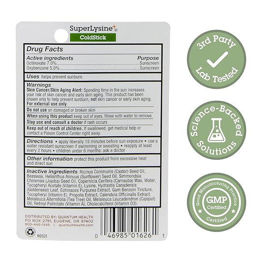 Quantum Health SuperLysine+ ColdStick Lip Sunscreen|Soothes and Moisturizes Lips|Softens and Protects from the Sun|Goes on Clear|0.17 Ounce