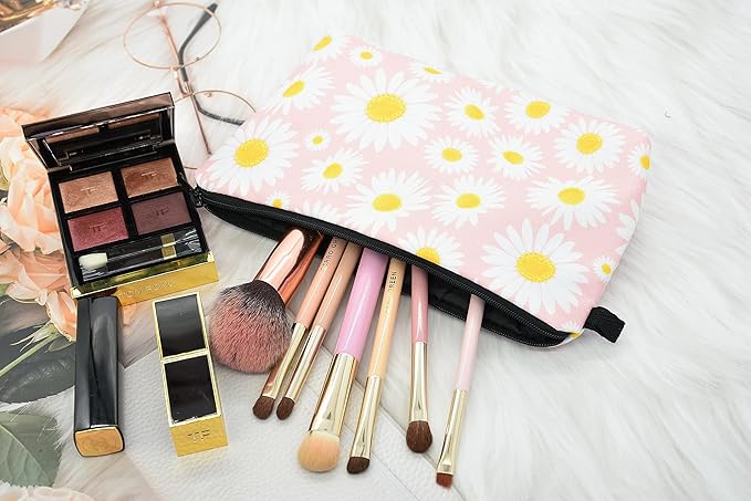 2 Pcs Cosmetic Bag for Women Small Make Up Bag Waterproof Travel Toiletries Pouch with Zipper for Organizing Small Items, Gift Bags for Birthday Christmas(Daisy Flower 1)