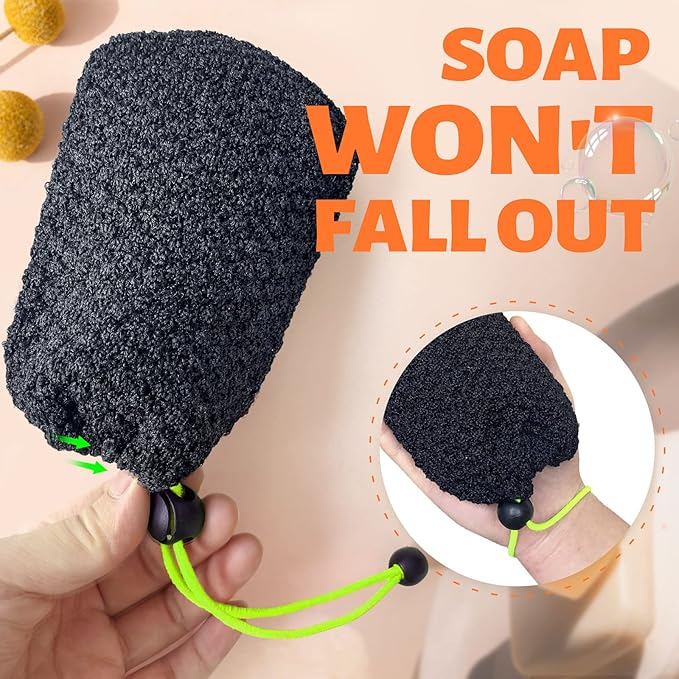 MIG4U Exfoliating Soap Bag for Shower 2 Pieces - Bar Soap Saver Pouch, Bamboo Body Scrubber Exfoliator Pocket in Travel Bathing, Black