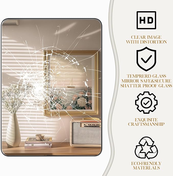 Black Framed Mirror for Bathroom 30 x 30 Inch Rounded Rectangle Bathroom Mirror, Matte Black Vanity Mirror for Over Sink, Tempered Glass Farmhouse Mirror Seamless Metal Frame(Horizontal/Vertical)