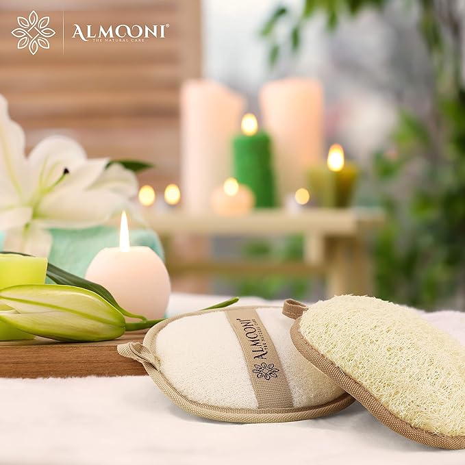 Almooni Natural Loofah Exfoliating Body Scrubber, Made with Natural Egyptian Shower Loofah Sponge, Bath Shower Loofah Sponge for Women and Men, for Face and Body That Gets You Clean - 2 Count (1 Pack)