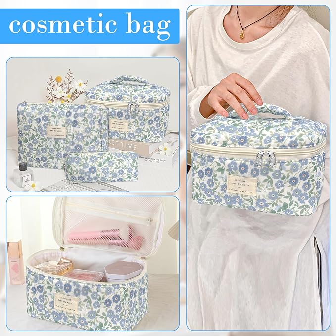 3 Piece Blue Cute Floral Cotton Quilted Makeup Bag Set, Large Capacity Travel Makeup Bags for Women and Girls, Includes Small, Medium, and Extra Large aesthetic makeup&Cosmetic Bags (3pcs-DitsyFloral)