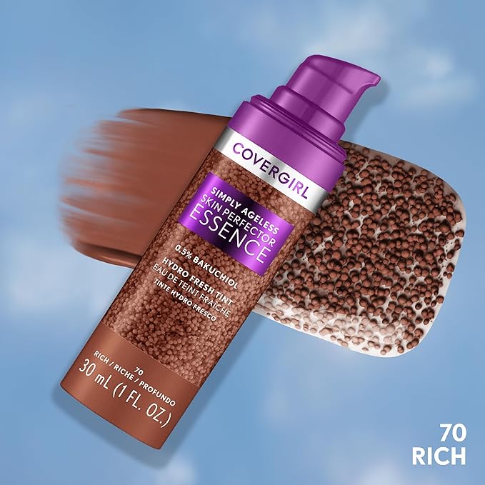 Covergirl Simply Ageless Skin Perfector Essence Foundation, 70 Rich, Tinted Skincare Makeup Hybrid, Sheer Tint, Radiant Finish, Glowy Finish, Vegan Formula, 1.0oz