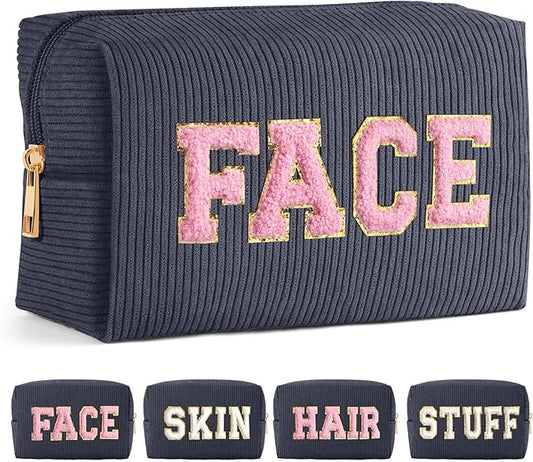 MAGEFY Small Makeup Bag for Purse Portable Makeup Pouch with Compartments Corduroy Make up Bag for Women Travel Cosmetic Essential (Dark Gray, FACE)
