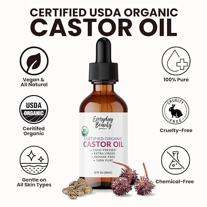 Organic Castor Oil - 100% Pure Certified USDA Organic, Cold Pressed & Hexane-Free, For Eyelashes, Eyebrows, Hair, Skin & Wellness Packs - 2 Fl Oz Glass Bottle & Dropper