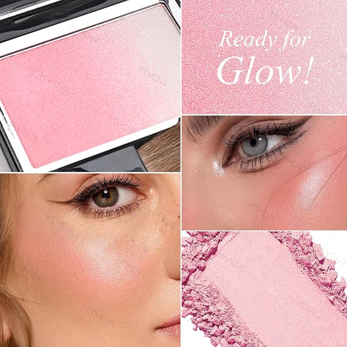 KYDA Pink Shimmer Blush, Gradient Cherry Blossom Pink Color, Micro-fine Pearl Powder Blusher, Soft Buildable Cheek Color, Lightweight Smooth Finish, Multiuse Blush Makeup Compact