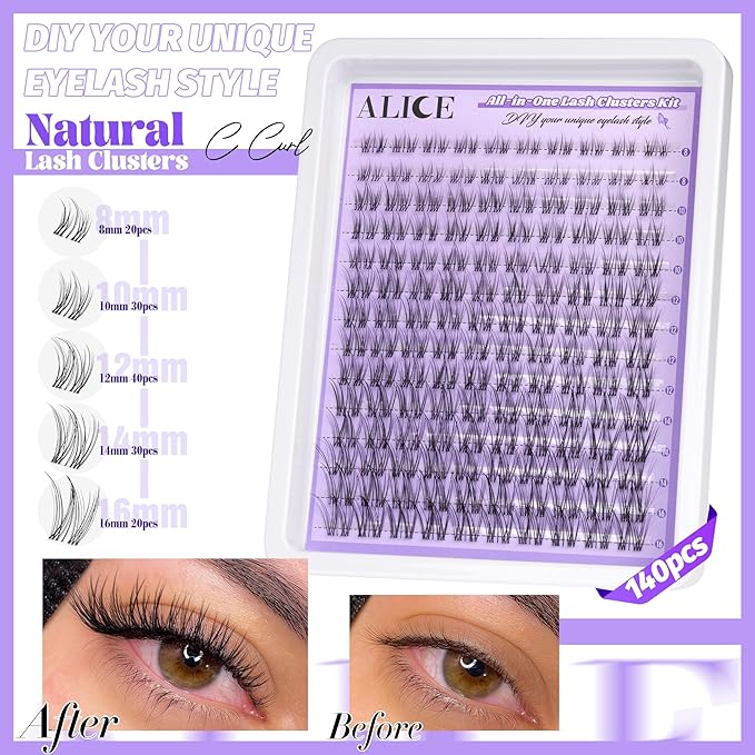 ALICE Cluster Eyelash Extension Kit Natural Wispy Lash Clusters Kit Lash Extension Kit Clear Band 168pcs C-Curly 11-13mm Individual Lashes with Lash Glue Bond and Seal Self Application at Home