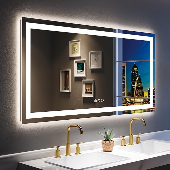 55x30 Inch LED Bathroom Mirror with Lights Front and Backlit Lighted Vanity Mirror for Bathroom Wall with 3 Colors Dimmable Anti-Fog Memory Shatter-Proof IP54 Waterproof Horizontal/Vertical