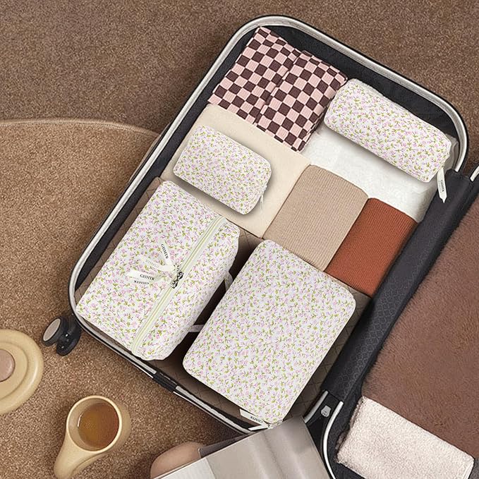 4Pcs Quilted Makeup Bag Set Cute Floral Cosmetic Bag Cotton Coquette Make up Bag Aesthetic Travel Toiletry Bag for Women Girls