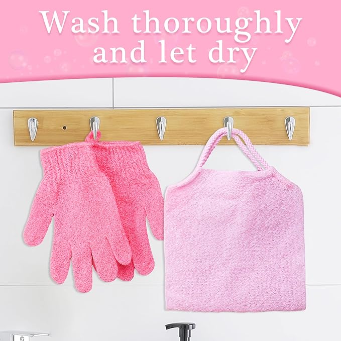 4Pcs Exfoliating Back Scrubber with Handle and 2 Pairs Shower Bath Gloves Bath Set for Shower Bath Exfoliator Stretchable Skin Massages Back Scrubber Improve Blood Circulation