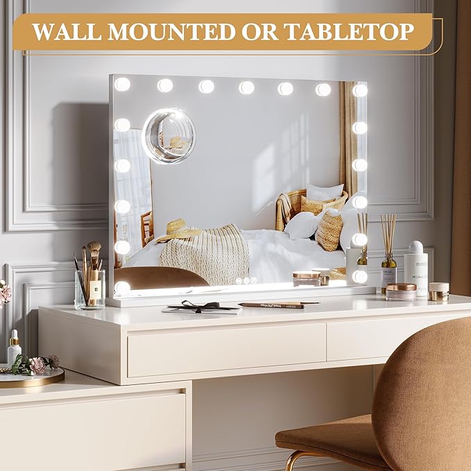 Makeup Mirror with Lights, Multifunctional Desktop Vanity Mirror with 17 Dimmable LED Lights and 3 Lighting Modes, 3x Magnification, Smart Touch Controls, Desktop or Wall Mount, Dressing Room/Bedroom