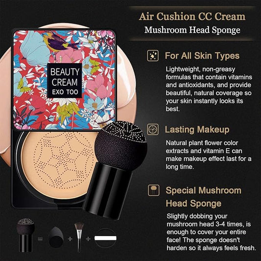 Mushroom Head Air Cushion CC Cream, Beauty Cream EXO TOO Foundation, Full Coverage Base Primer with Two Mushroom Head Sponges