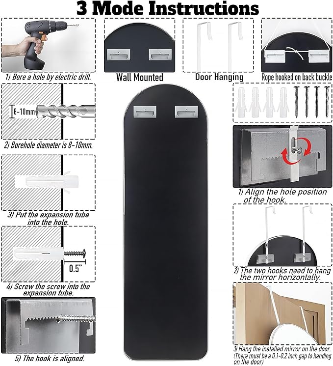 47x14 Mirror Full Body Length Door Hanging Rope Hang Wall Mounted Metal Frame Rectangle Mirrors for Bedroom Bathroom Dressing Living Room 47 inch Silver