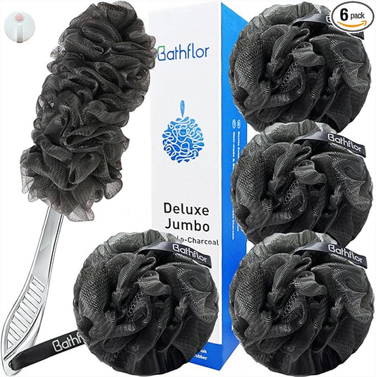 Shower Loofah Sponge Exfoliating Body Scrubber 80g, Charcoal Loofa for Women & Men Bath Wash: 1 Long Handle Back Brush Plus 4 Packs Extra Large 80g Soft Mesh Luffa Poufs, 1 Lufa Hook (Gray)