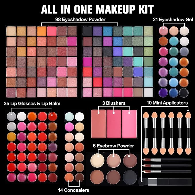 177 Colors Professional Makeup Kit for Women Girls Full Kit Gift Set with Mirror All in One Make up Palette Included Eyeshadow Powder Eye Shadow Gel Lip Gloss Concealer Eyebrow Powder Blush Brushes