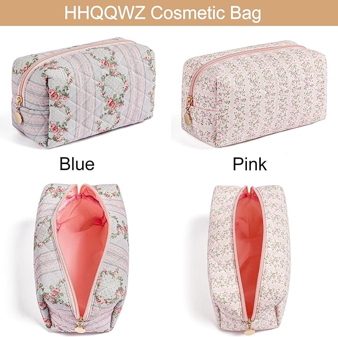 Makeup Bag Travel Cosmetic Bag for Women Girls, Zipper Make Up Pouch, Floral Flowers Toiletry Organizer Makeup, Portable Storage Bag, Cosmetic Travel Cloth Bag (Blue)