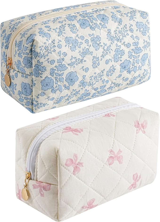 Makeup Bag Travel Cosmetic Bag for Women Girls, Zipper Make Up Pouch, Floral Flowers Toiletry Organizer Makeup, Portable Storage Cosmetic Travel Cloth Bag (Blue Floral+Pink Bow Tie)