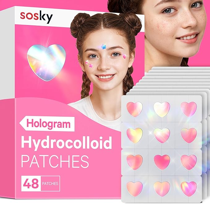 Sosky Hologram Pimple Patches for Face, Hydrocolloid Acne Patches with Salicylic Acid, Cute Star Zit Stickers,Colorful Blemish Covers,48 Count Pink Heart