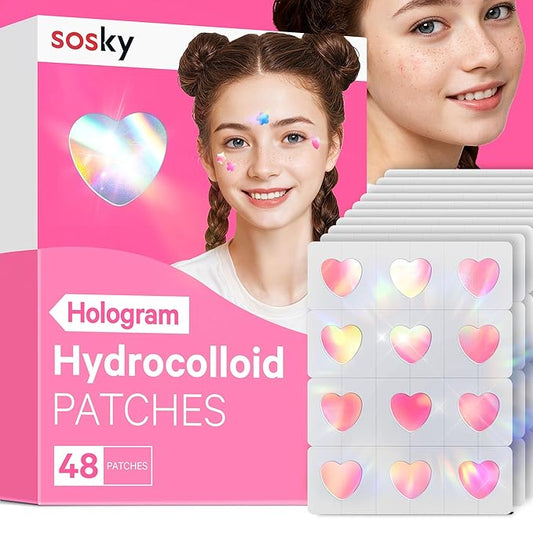 Sosky Hologram Pimple Patches for Face, Hydrocolloid Acne Patches with Salicylic Acid, Cute Star Zit Stickers,Colorful Blemish Covers,48 Count Pink Heart
