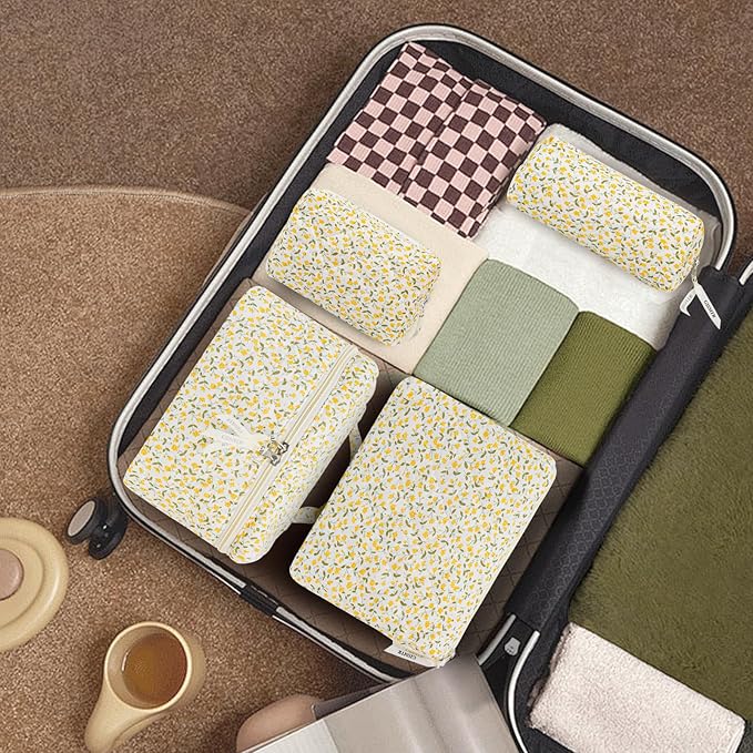 4Pcs Quilted Makeup Bag Set Cute Floral Cosmetic Bag Cotton Coquette Make up Bag Aesthetic Travel Toiletry Bag for Women Girls