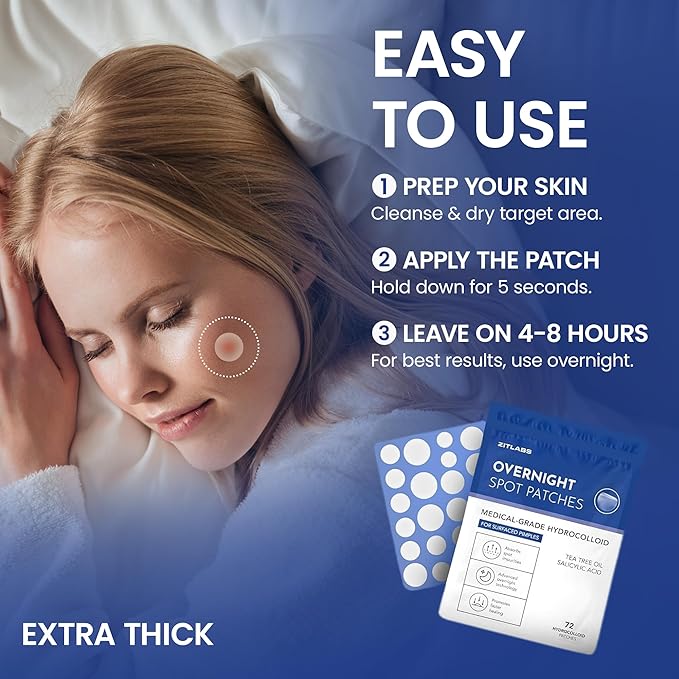 Pimple Patches for Face | Hydrocolloid Acne Patches with Tea Tree Oil & Salicylic Acid | For Zits, Blemishes, Breakouts | Medical-Grade Hydrocolloid | Overnight PM Patches | Pack of 72