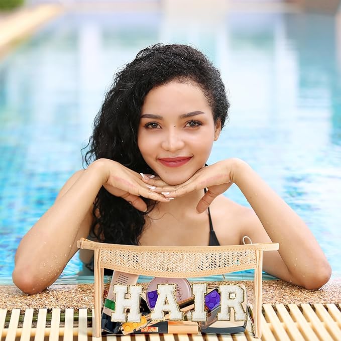 Boho Patch Cosmetic Bag - Summer HAIR Chenille Varsity Letter Toiletry Kit Beige Clear Waterproof Travel Makeup Bag PVC Zipper Clutch Daily Use Purse Summer Gifts for Women Girls