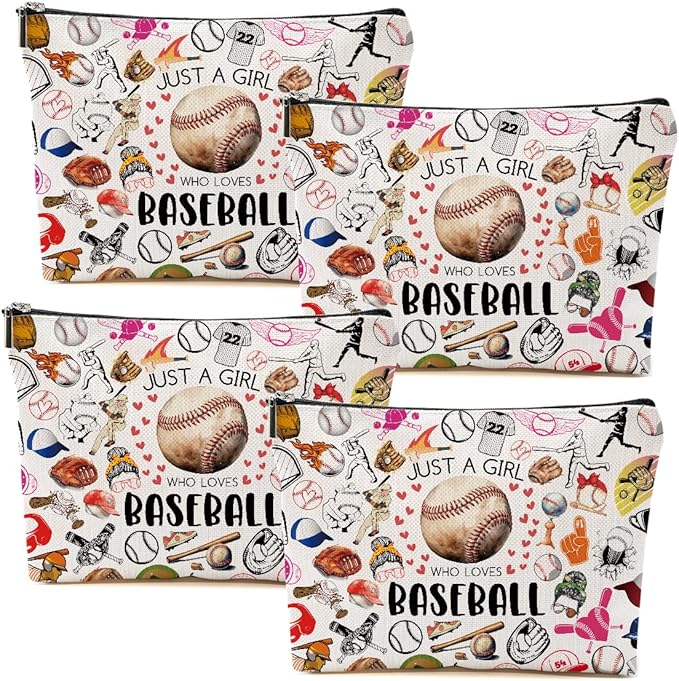 4pcs Baseball Gifts Makeup Bag, Baseballs Coach Cosmetic Bag Christmas Birthday Gifts for Women Female Coach Girls Sister BFF, Baseball Stuff Sports Lover Gift Travel Toiletry Bags