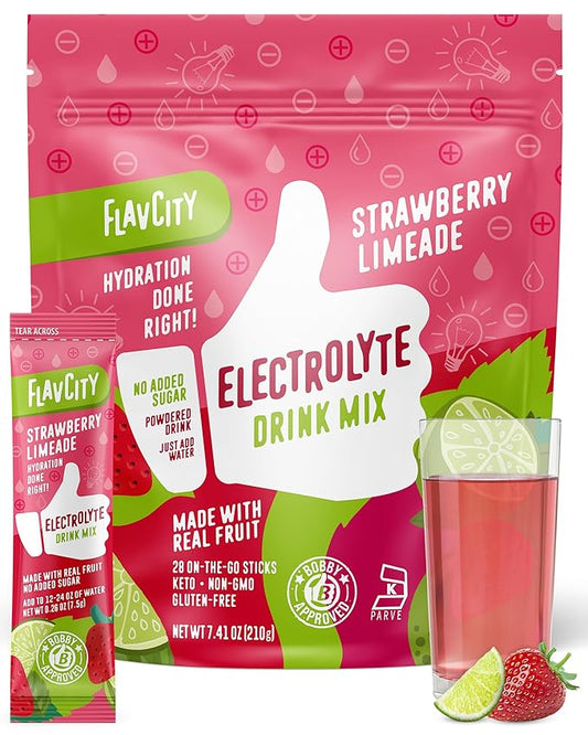 FlavCity Strawberry Limeade Electrolytes Powder Packets - 28 Hydration Packets - No Added Sugar - Hydration Powder with Real Fruit & Unrefined Sea Salt - Keto & Gluten-Free (28 Stick Packs)