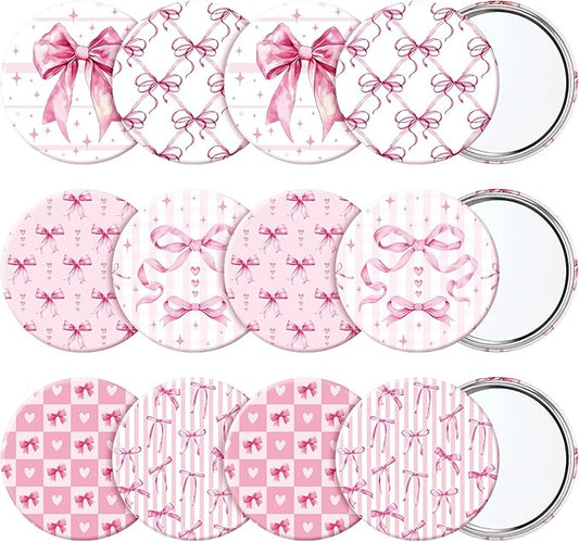 Geelin 12 Pcs Pink Compact Mirror Bulk Coquette Portable Aesthetic Mini Mirror Bulk Pink Bow Party Favors for Purse Pocket Travel Present Women Birthday Gift Wedding Bridal Shower Grad Mom
