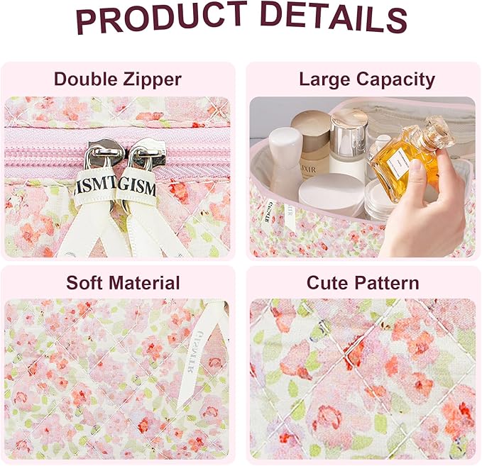 4Pcs Quilted Makeup Bag Set Cute Floral Cosmetic Bag Cotton Coquette Make up Bag Aesthetic Travel Toiletry Bag for Women Girls
