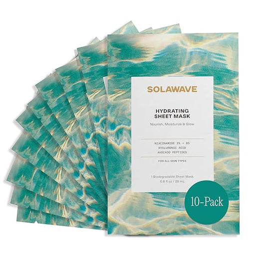 Solawave Hydrating Sheet Mask, Anti Aging Face Mask with Niacinamide, Hydrating Face Mask with Hyaluronic Acid, Moisturizing Face Masks (10 Pack)