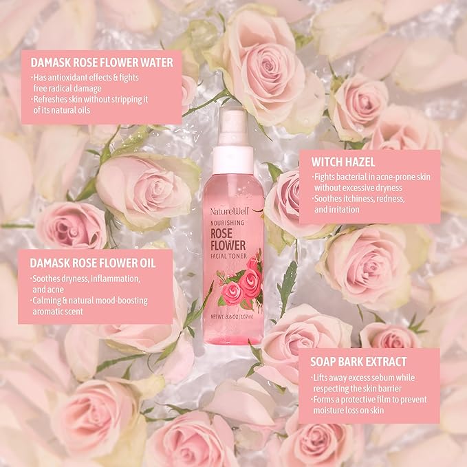 NATURE WELL Rose Water Hydrating Facial Toner Mist for Dewy & Radiant Skin, Refreshing, Conditioning, Soothing, Moisturizing, Perfect for Travel, 4 Fl Oz