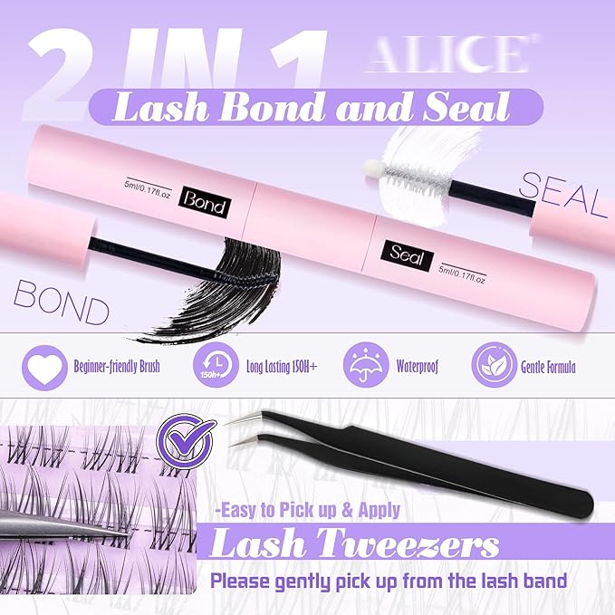 ALICE Cluster Eyelash Extension Kit Natural Wispy Lash Clusters Kit Lash Extension Kit Clear Band 168pcs C-Curly 11-13mm Individual Lashes with Lash Glue Bond and Seal Self Application at Home