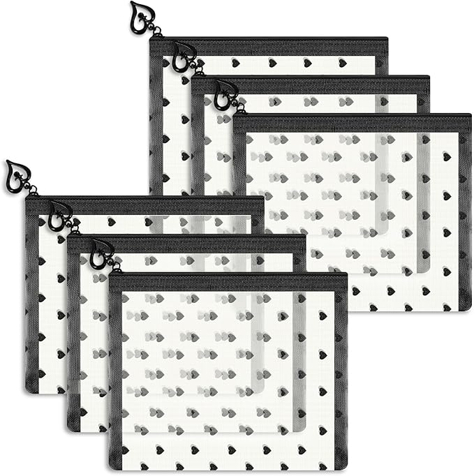 6 Pack Mini Zipper Mesh Makeup Bags, Heart Print Nylon Cosmetic Bags Toiletry Bags for Office Travel Organization (Beige, S)