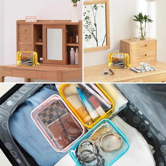 5 Pack Clear Plastic Zippered Toiletry Carry Pouch TSA Approved Toiletry Bag Portable Cosmetic Makeup Bag for Vacation, Bathroom and Organizing (Pink, Small)