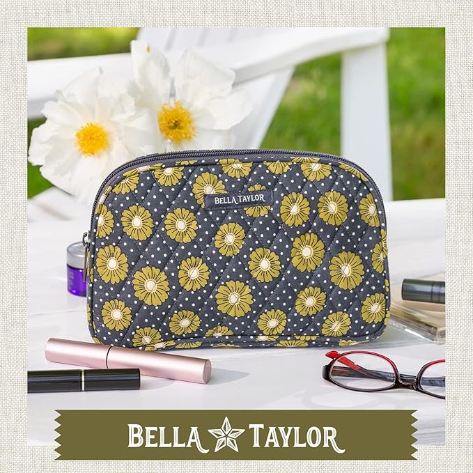 Bella Taylor Large Quilted Cotton Makeup Pouch for Women, Travel Cosmetic Bag, Quilted Cotton Dotted Daisy Charcoal Floral