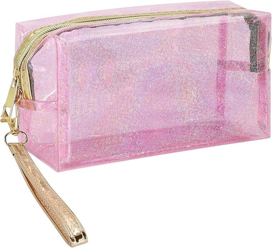 Clear Colorful Makeup Bag, Thick PVC Small Clear Toiletry Bag for Travel, Waterproof Cosmetic Bag with Durable Zipper & Detachable Strap, Cute Transparent Pouch Organizer for Women, 7.1×4×3 In Pink